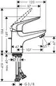 Einhebel-Waschtischmischer von Hansgrohe mit einem schlichten Design. Technische Skizze zeigt Maße und Installationsdetails. Anschluss mit G3/8.